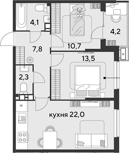 3-комн., 60.4 м², 5/9 этаж, ЖК «Парк Победы»