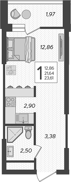 Студия, 21.64 м², 11/19 этаж, ЖК «Кислород»
