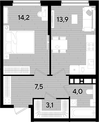 Продается 1-комн. квартира, 42.7 м²