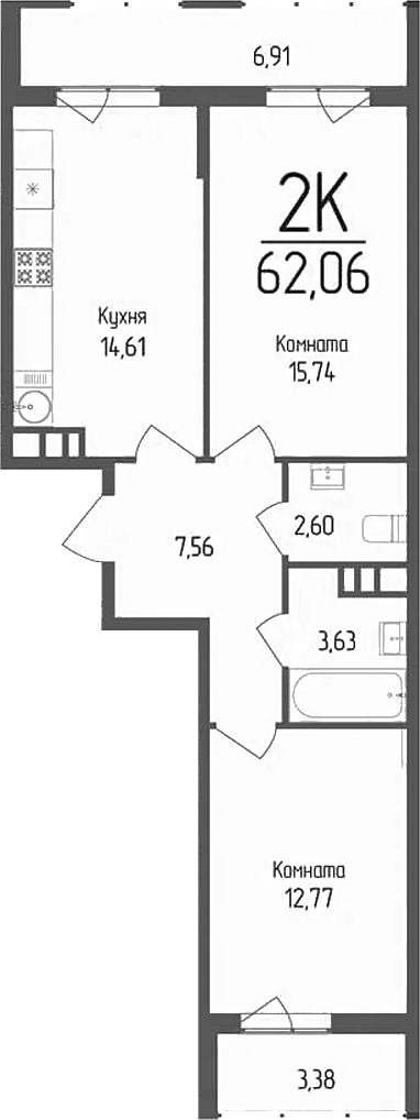 Продается 2-комн. квартира, 56.91 м²