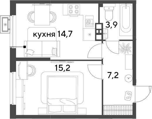 1-комн., 41 м², 8/9 этаж, ЖК «Парк Победы»