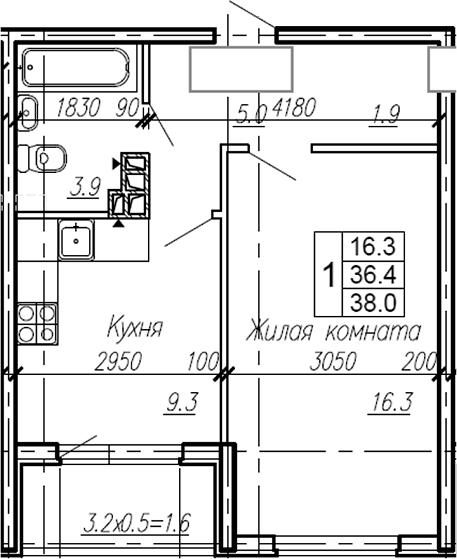 1-комн., 36.4 м², 4/4 этаж, ЖК «Эво»