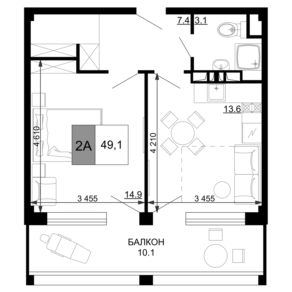 2-комн., 39 м², 4/9 этаж, ЖК «Гостиничный комплекс Мореград»