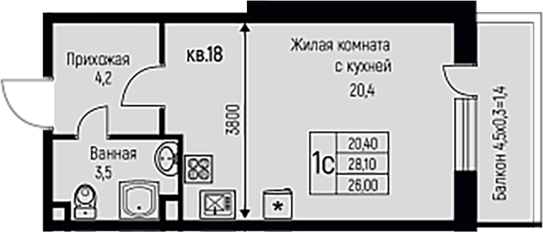 Студия, 28.1 м², 1/3 этаж, ЖК «Nova Vita»