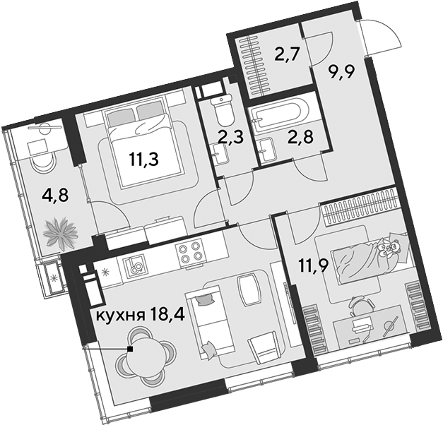 3-комн., 59.3 м², 17/18 этаж, ЖК «Парк Победы»