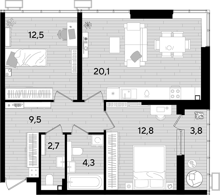 2-комн., 61.9 м², 2/16 этаж, ЖК «DОГМА ПАРК»