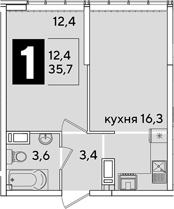 2-комн., 35.7 м², 15/16 этаж, ЖК «Самолет»