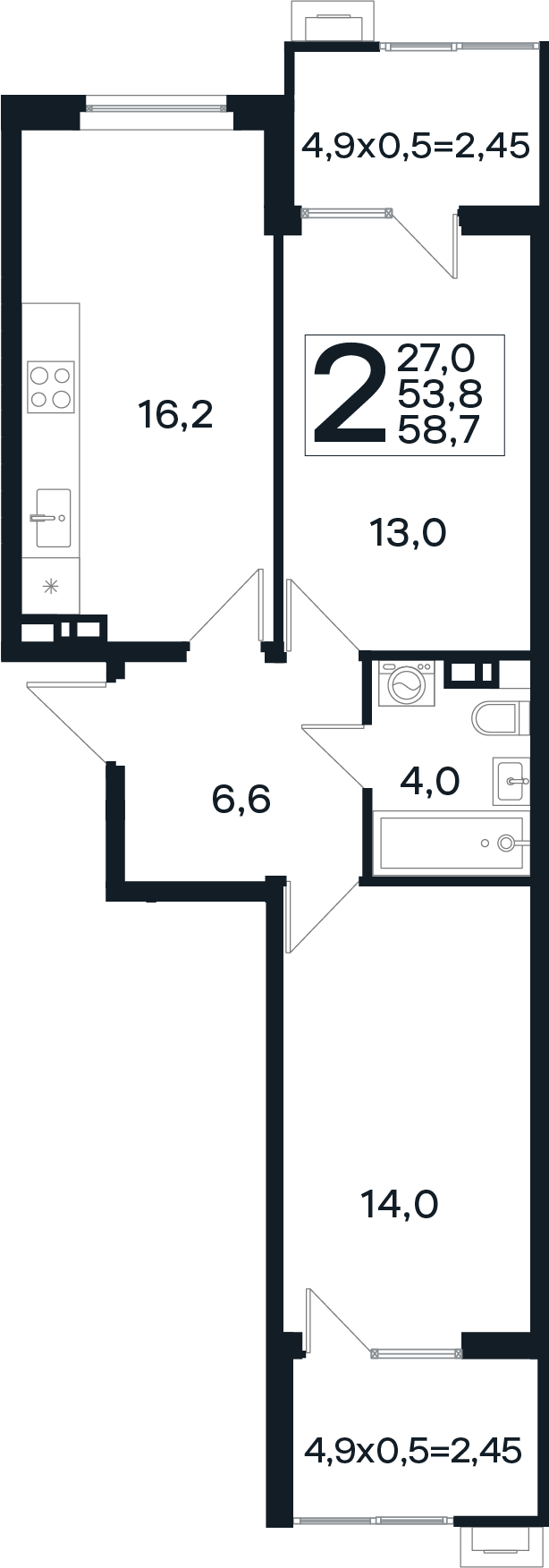 2-комн., 53.8 м², 4/4 этаж, ЖК «Новая Елизаветка»