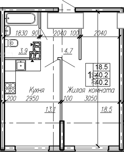 1-комн., 40.2 м², 2/4 этаж, ЖК «Эво»