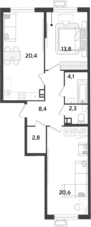 3-комн., 72.4 м², 5/18 этаж, ЖК «Парк Победы»