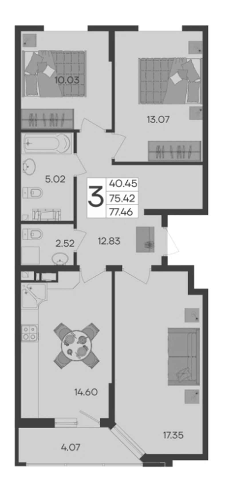 Продается 3-комн. квартира, 75.42 м²
