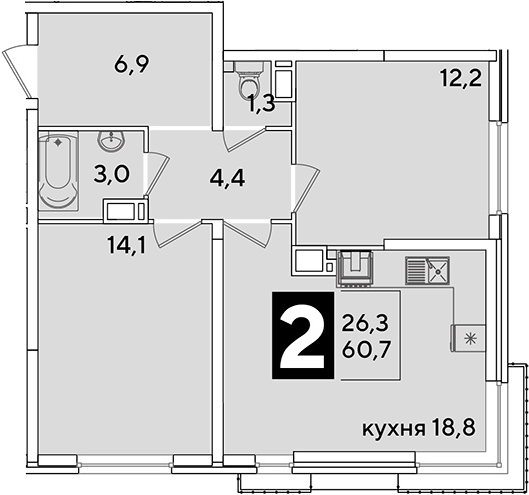 3-комн., 60.7 м², 11/16 этаж, ЖК «Самолет»