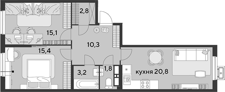 3-комн., 69.4 м², 14/18 этаж, ЖК «Парк Победы»