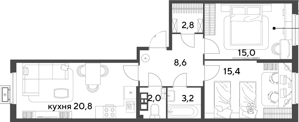 3-комн., 67.8 м², 3/18 этаж, ЖК «Парк Победы»