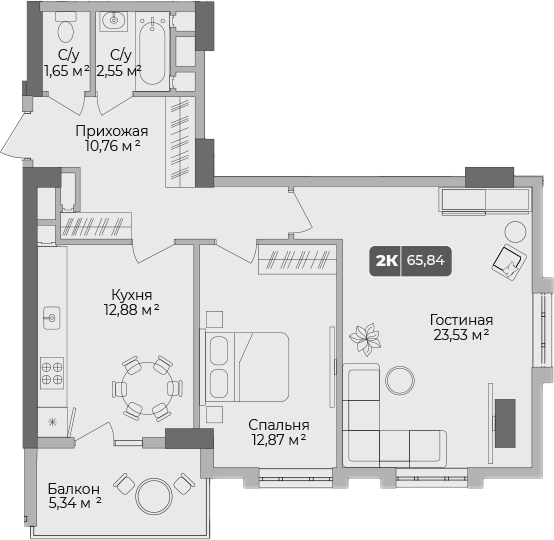 2-комн., 64.24 м², 9/17 этаж, ЖК «Золотой берег. СЗ Среда»