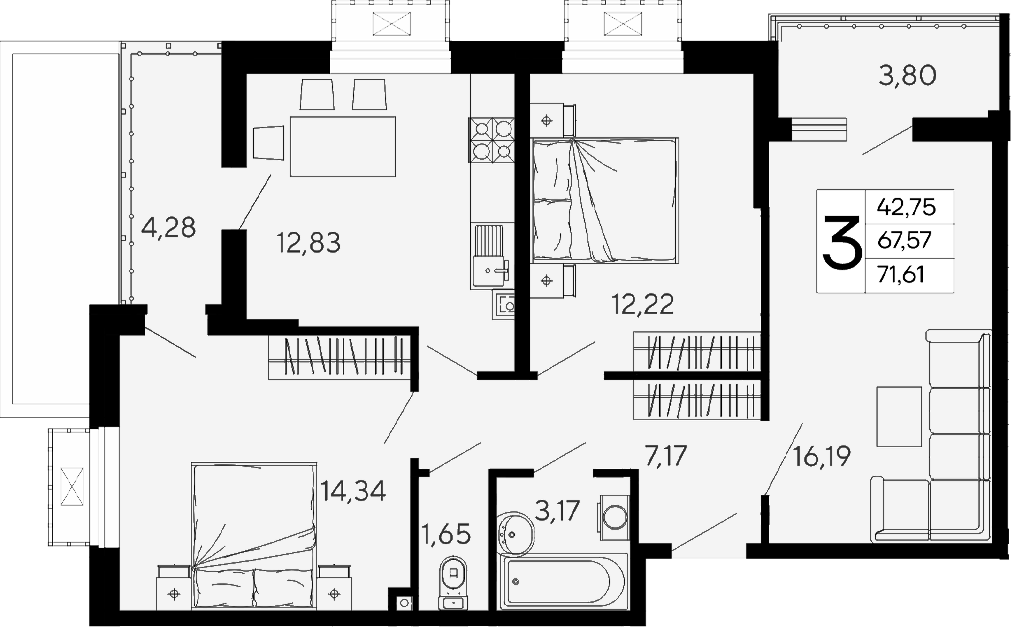 3-комн., 67.58 м², 2/16 этаж, ЖК «Эпос»