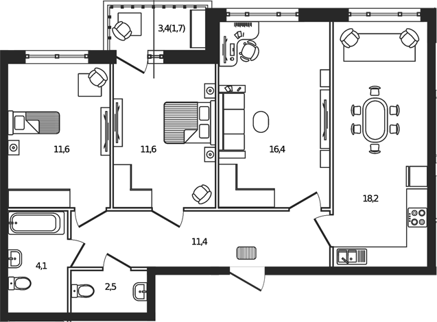 3-комн., 75.8 м², 9/9 этаж, ЖК «Сиреневый бульвар»