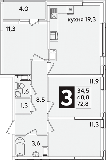 4+ комнаты, 68.8 м², 14/16 этаж, ЖК «Самолет»