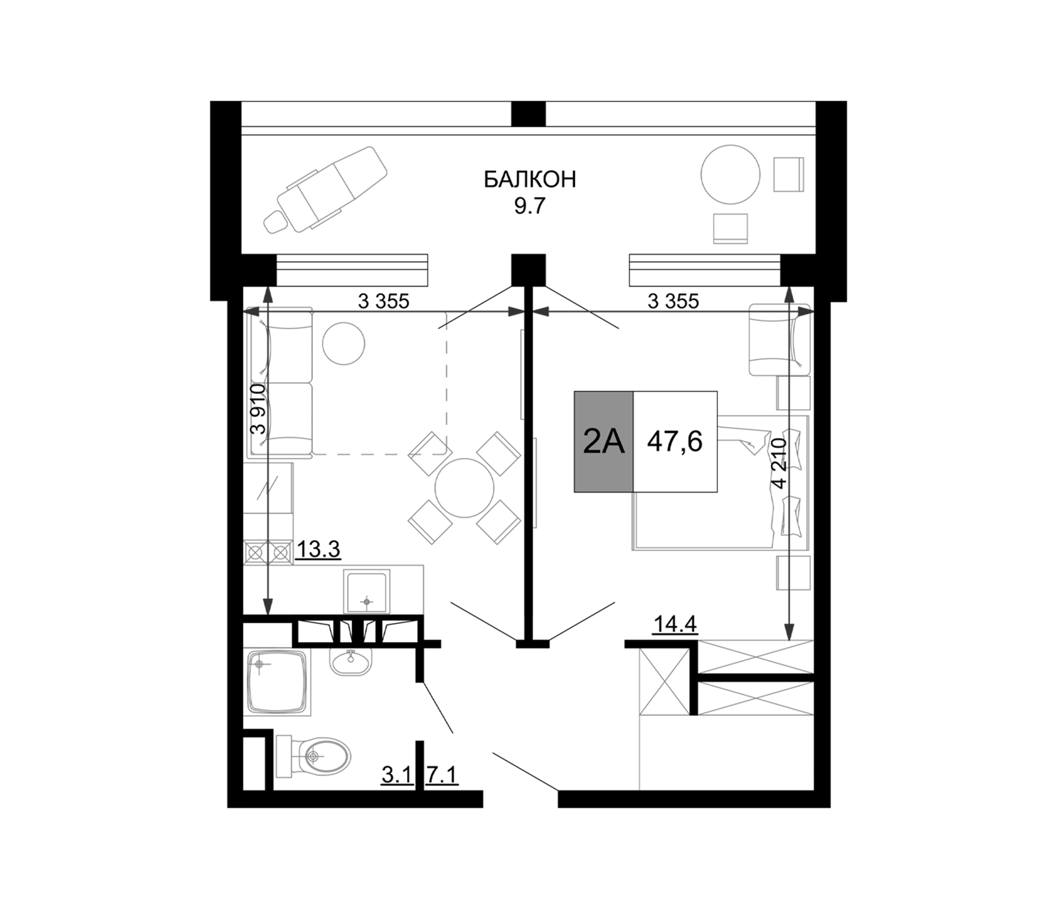 2-комн., 37.9 м², 4/9 этаж, ЖК «Гостиничный комплекс Мореград»