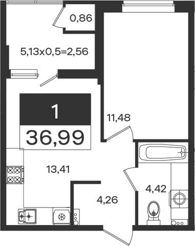 1-комн., 34.43 м², 2/18 этаж, ЖК «Образцово»