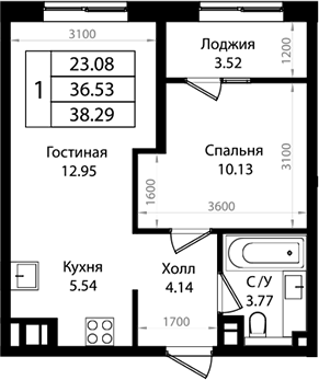 2-комн., 36.28 м², 12/18 этаж, ЖК «Патрики»