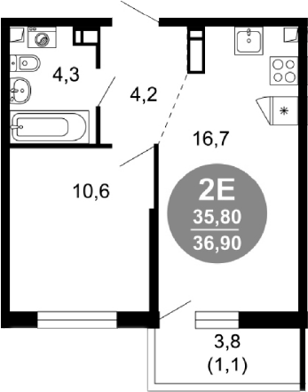 2-комн., 35.8 м², 2/17 этаж, ЖК «Лестория»