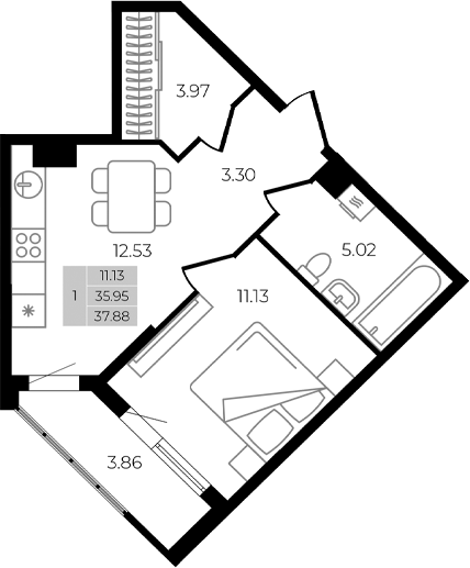 1-комн., 35.95 м², 8/8 этаж, ЖК «Курортный регион»