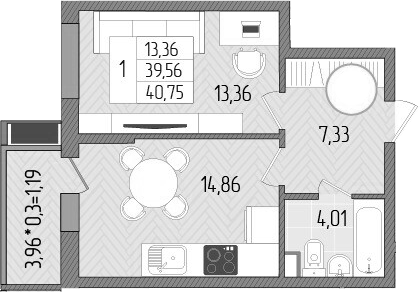 1-комн., 39.56 м², 1/8 этаж, ЖК «Сады у моря»