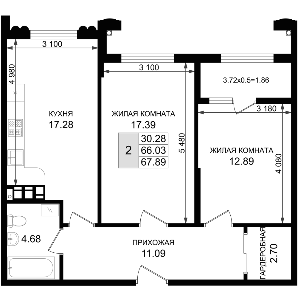 2-комн., 66.03 м², 5/8 этаж, ЖК «Резиденция морей»