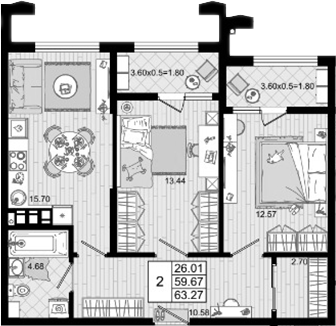 Продается 2-комн. квартира, 59.67 м²
