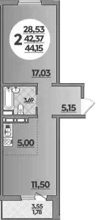 1-комн., 42.37 м², 6/8 этаж, ЖК «Молодежный 2»