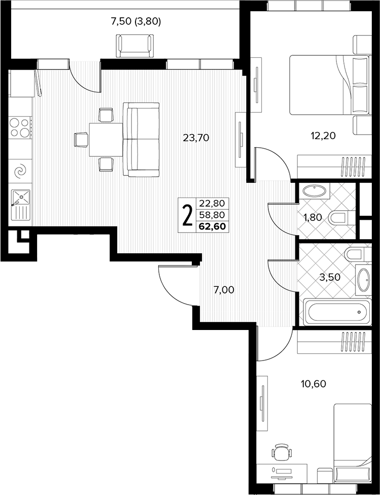 2-комн., 58.8 м², 5/6 этаж, ЖК «Кипарис»