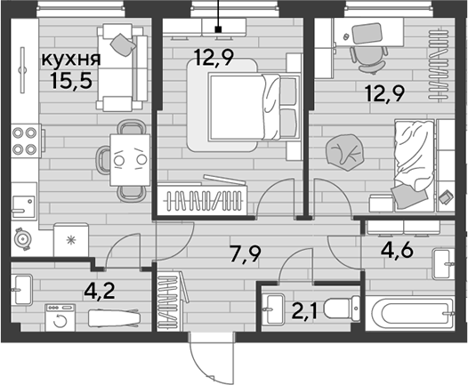 2-комн., 60.1 м², 2/16 этаж, ЖК «DОГМА ПАРК»