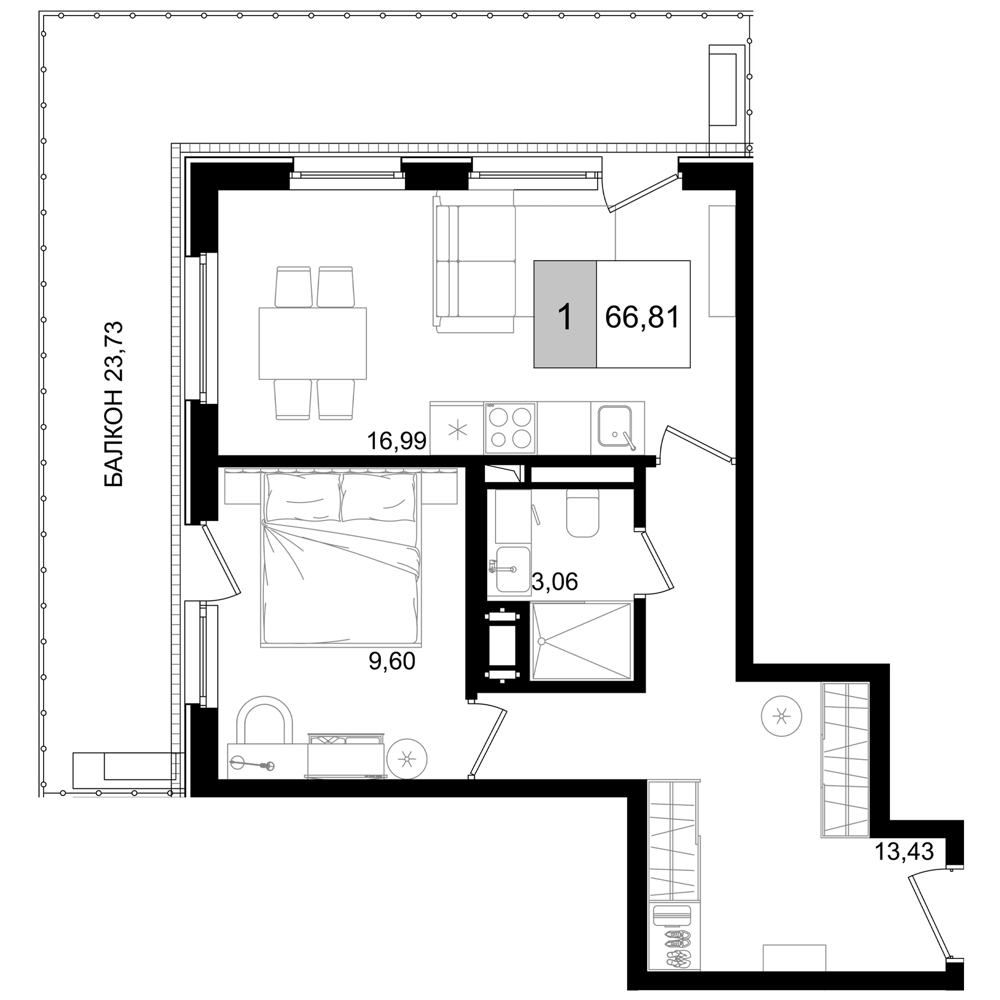 2-комн., 43.08 м², 6/8 этаж, ЖК «IT гостиничный комплекс Корсаков»