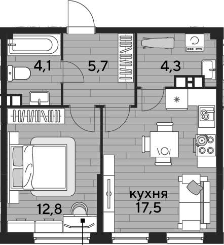 1-комн., 44.4 м², 4/16 этаж, ЖК «DОГМА ПАРК»