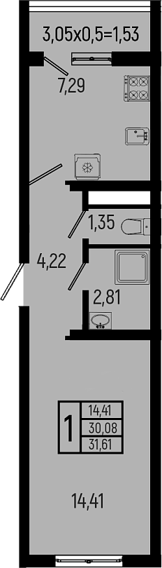 1-комн., 30.08 м², 4/9 этаж, ЖК «Ботаника Хиллс»