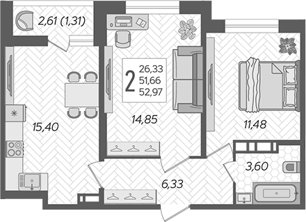 3-комн., 51.66 м², 12/12 этаж, ЖК «Смородина»