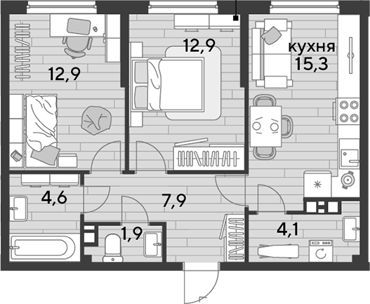 2-комн., 59.6 м², 6/16 этаж, ЖК «DОГМА ПАРК»