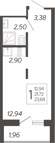Студия, 21.72 м², 18/19 этаж, ЖК «Кислород»