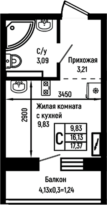 Студия, 16.13 м², 3/9 этаж, ЖК «Ботаника Хиллс»