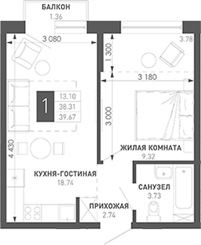 Продается 1-комн. квартира, 39.17 м²