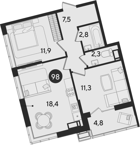 3-комн., 54.2 м², 14/16 этаж, ЖК «Парк Победы»