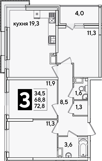 4+ комнаты, 68.8 м², 14/16 этаж, ЖК «Самолет»
