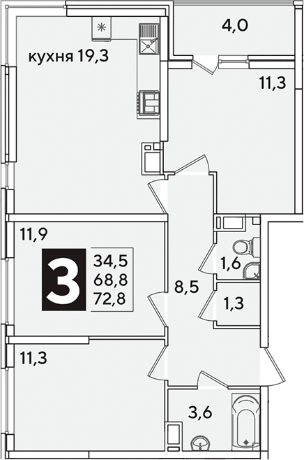4+ комнаты, 68.8 м², 11/16 этаж, ЖК «Самолет»