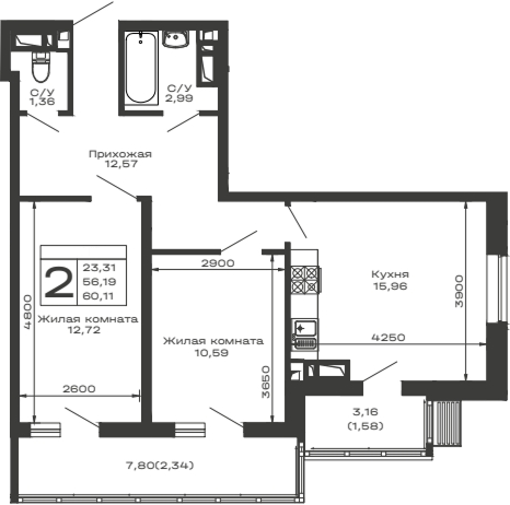 2-комн., 56.19 м², 6/16 этаж, ЖК «Долина»