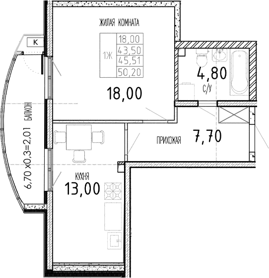 Продается 1-комн. квартира, 43.6 м²