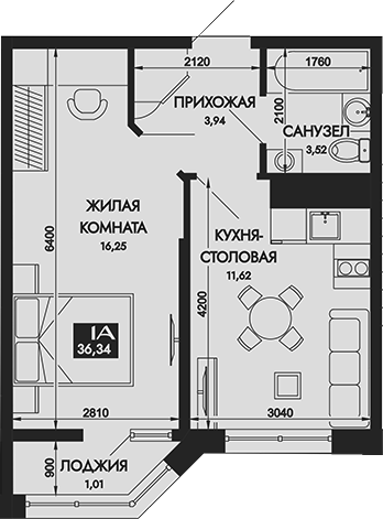 1-комн., 35.33 м², 11/16 этаж, ЖК «Вершины. ГК Смена»
