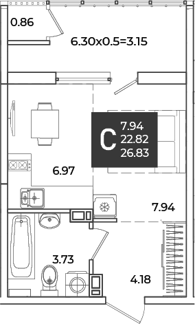 Студия, 22.82 м², 3/18 этаж, ЖК «Образцово»