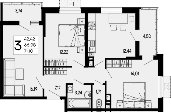 3-комн., 66.98 м², 4/16 этаж, ЖК «Эпос»