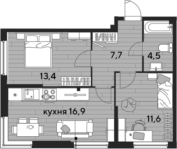 2-комн., 54.1 м², 2/19 этаж, ЖК «DОГМА ПАРК»
